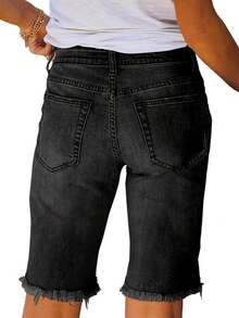Necooer Women Jean Shorts Ripped Casual Summer Mid Waist Stretchy Five Points Denim Jean Shorts - 黑色-2 - 查看 6