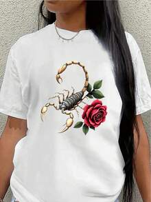 Camiseta de manga corta de poliéster, diseño con estampado de escorpión y rosa, ligera y duradera, adecuada para uso casual en casa o en restaurantes, disponible en una variedad de cortes cómodos.blusa casual mujer - Blanco - Ver 7