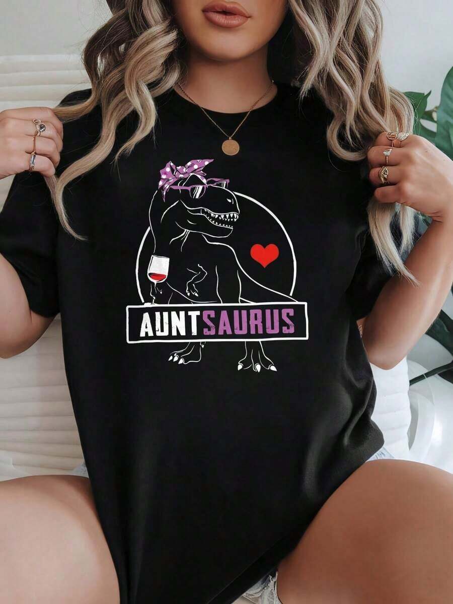 Women's Casual Crew Neck T-Shirt, Available In Black And White, Fun Heart Print With Wine Glass And Dinosaur 'Aunt Saurus', Graphic Tees For Everyday Wear, Summer Tops, Graphic Tees, Summer Sets, Cropped T-Shirts For Women, Casual Blouses For Ladies - 黑色 - 查看 1