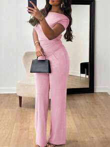 New Women's Summer Outfit, Minimalist And Elegant Style, Short Sleeves, Long Pants, Flattering Design, Cool, Versatile, Perfect For Office, Daytime Looks, Walks And Everyday Wear - 粉色 - 查看 7