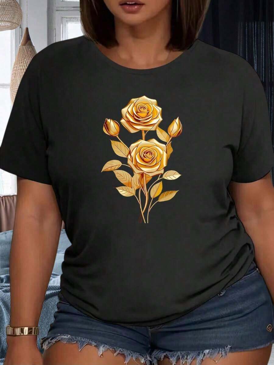 Limited Time Offer, Limited Quantity Available, Lightning, Women's Shirts, Women's T-Shirts. Women's White T-Shirt With Gold Rose Floral Print, Casual Summer Top, Valentine's Day Gift. - 黑色 - 查看 1