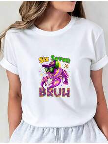 Women's Printed T-Shirt With Purple Crocodile Graphic - Casual Short Sleeve Crew Neck T-Shirt, Relaxed Fit For All Seasons, Perfect For Everyday Wear And Holiday Outfits (Machine Washable). - 白色 - 查看 7