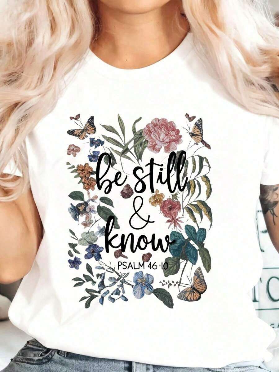 Floral And Butterfly Print T-Shirt With Religious Quote "Be Still And Know Psalm 46:10" For Women, Everyday Casual Wear, Church Wear. Casual Blouse For Women - 白色 - 查看 1