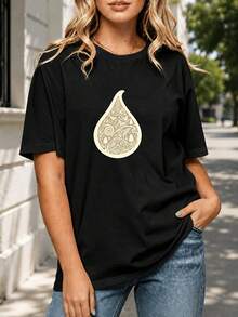 Camiseta estampada para mujer con diseño de gotas blancas - Camiseta casual de manga corta y cuello redondo, corte relajado para todas las estaciones, perfecta para uso diario y conjuntos de vacaciones, lavable aáquina, combina perfectamente con jeans azules. - Negro - Ver 6