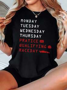 2026 Women's-Shirt Casual Round Neck Black White Options Days Of Week Racing Theme Print Graphic Tee Daily Wear Shirts Summer Tops Graphic Tees Summer Outfits Women Graphic Tees Women Crop Tops Tops Women Vintage Cotton Cute Clothes Women Blusas Para Mujer Casual - Negro - Ver 7
