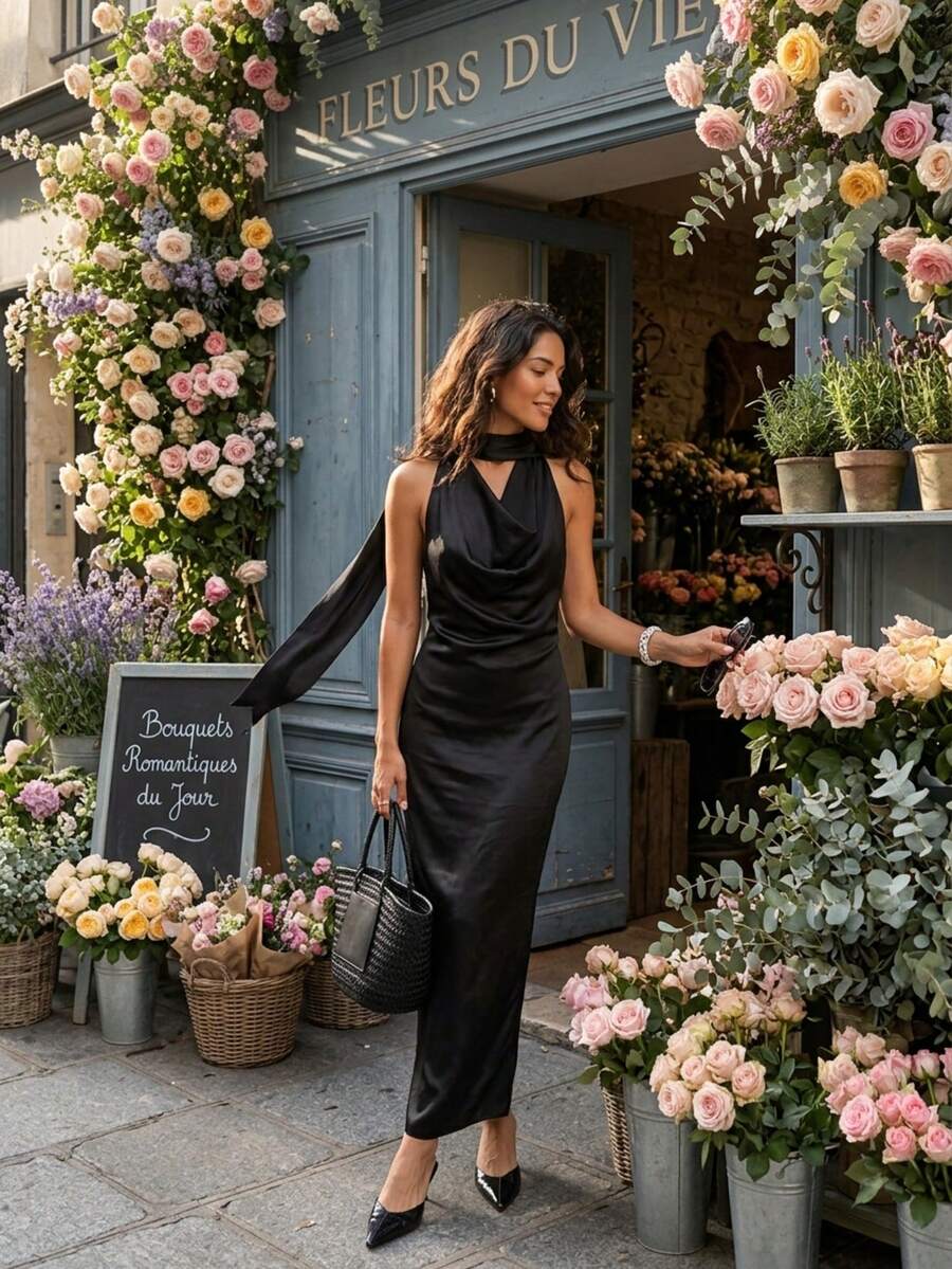 Women's Spring Fashion Elegant Gown - Seductive Sleeveless Halter Top - Figure-Flattering Satin Long Skirt - Upscale Look For Fine Dining & VIP Lounges - 黑色 - 查看 1