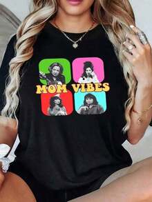 Camiseta Básica de Mujer con Estampado Gráfico "Mom Vibes", 1 Pieza, 100% Algodón, Cuello Redondo, Manga Corta, Corte Holgado, para Uso Diario, Ropa de Algodón Cómoda para Mujer, 100% Algodón - Negro - Ver 5