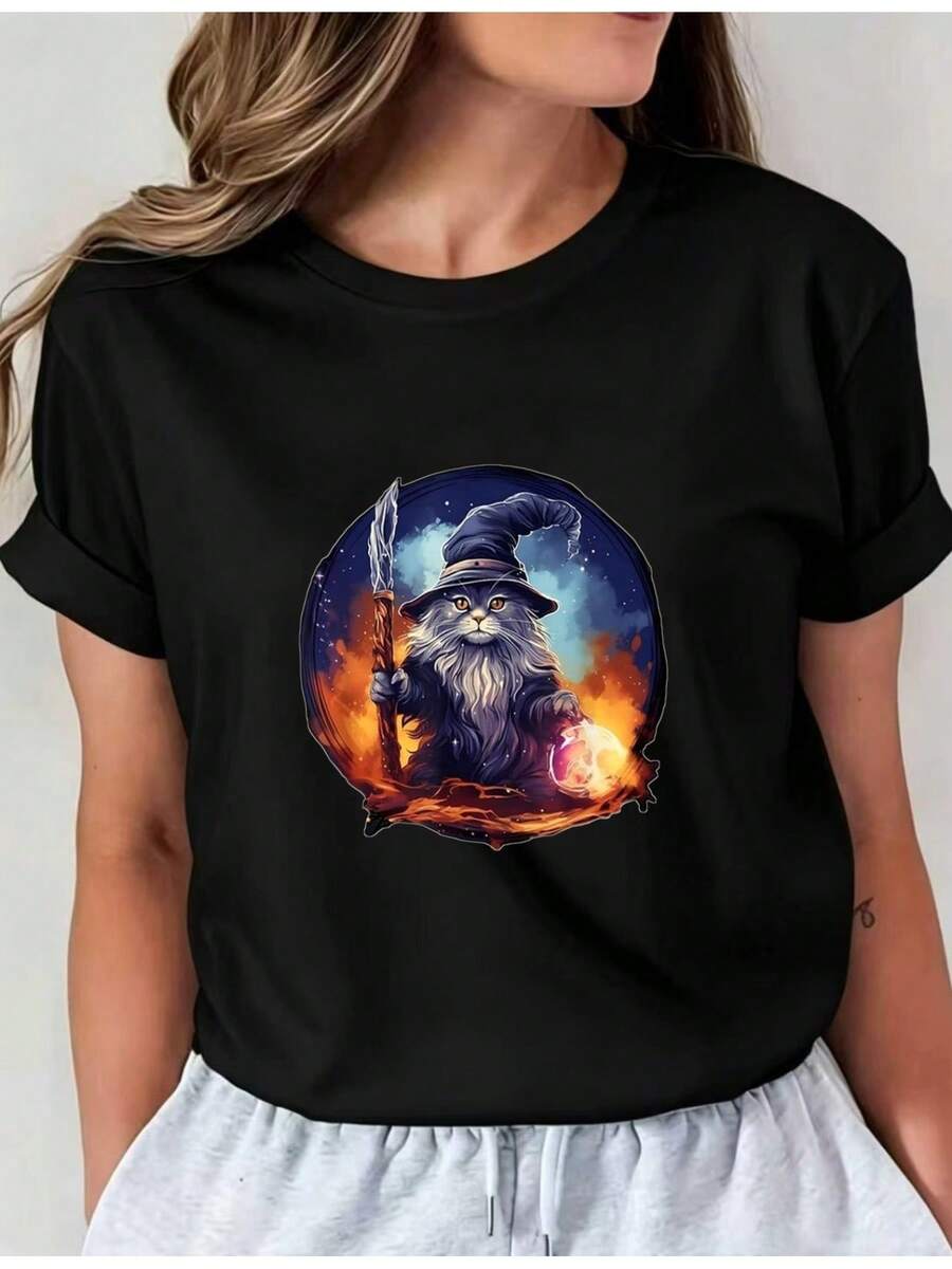 Camiseta Deportiva Casual para con Gráfico Colorido de Mago - Camiseta Elástica de Cuello Redondo, Lavable aáquina, Ajuste Cómodo para Todas las Estaciones, Perfecta para Combinar con Pantalones de Sudadera Grises. - Negro - Ver 1