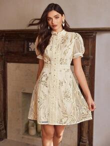 Simplee Vestido mini de mujer de verano, nuevo y elegante, con mangas abullonadas, cintura alta y corte evasé, con diseño de cuello alto, parches de encaje y bordados de lentejuelas, adecuado para bodas, fiestas, cumpleaños, citas, salidas, vacaciones y graduaciones - Albaricoque - Ver 8