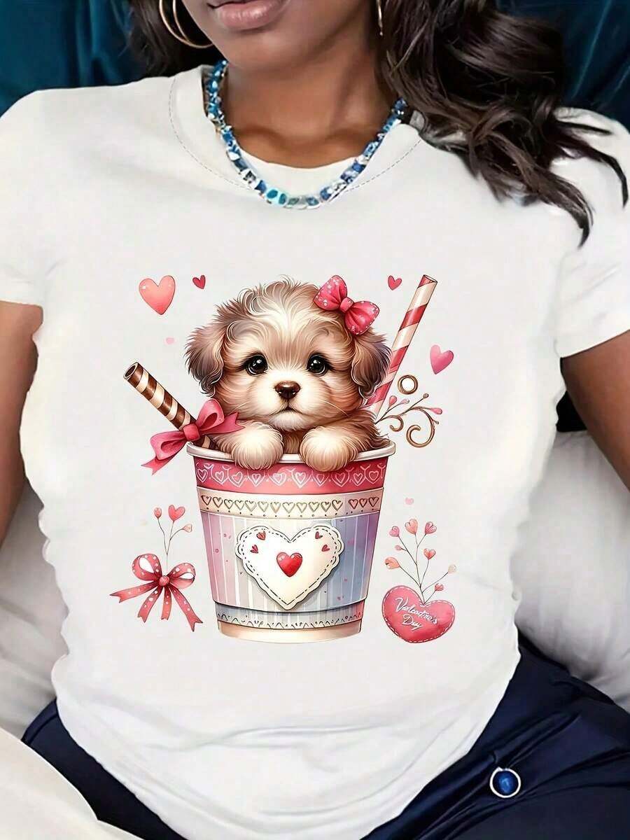 Basic Universal StyleWomen Short Sleeve Puppy In Cup With Hearts And Straws Print T Shirt Casual Valentine Day Wear Comfortable Fabric Perfect As A GiftMexican Cultural Print T-Shirt - Moisture-Wicking Daily Wear Short Sleeve Tee - 白色 - 查看 1