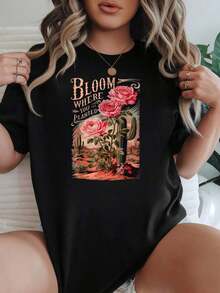 Camiseta de Mujer Casual de Manga Corta, Opciones en Blanco y Negro, Estampado Floral 'Bloom Where You're Planted', Frases Inspiradoras, Camisetas de Uso Diario, Tops de Verano, Camisetas Gráficas, Conjuntos de Verano, Camisetas Cortas para Mujer, Tops Vintage de Algodón, Ropa Linda para Mujer, Playera Holgada para Mujer - Negro - Ver 7