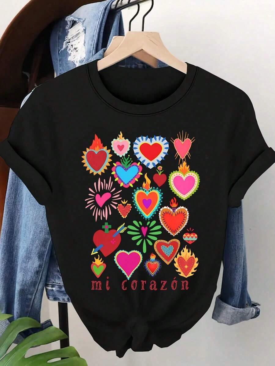 Camiseta de algodón con estampado "Mi Corazón" de moda para mujerPure-Cotton - Negro - Ver 1