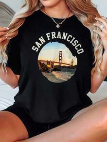 Camiseta de Mujer 2026, Cuello Redondo, Opciones en Blanco y Negro, Estampado del Puente Golden Gate de San Francisco, Camisetas Casuales para Uso Diario, Tops de Verano, Camisetas Gráficas, - Negro - Ver 1