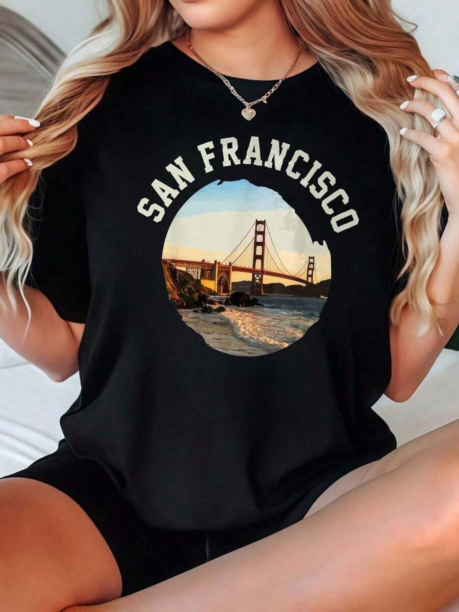 Camiseta de Mujer 2026, Cuello Redondo, Opciones en Blanco y Negro, Estampado del Puente Golden Gate de San Francisco, Camisetas Casuales para Uso Diario, Tops de Verano, Camisetas Gráficas, - Negro - Ver 1