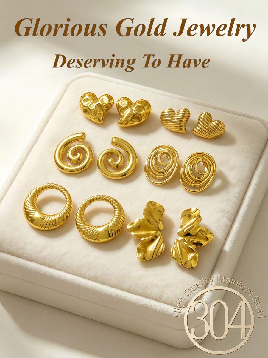 12 Pieces / 6 Pairs Of Summer Beach Vacation Accessories. Elegant Gold Stud Earrings Set, Including Threaded Hoop Earrings, Pleated Leaf Earrings, Spiral Vortex Earrings, Horizontal Striped Heart Earrings, Hammer Pattern Heart Earrings, Multi-Layer Hoop Earrings. 18K Gold-Plated 304 Stainless Steel Hypoallergenic Earrings - Stainless Steel Set - View 1
