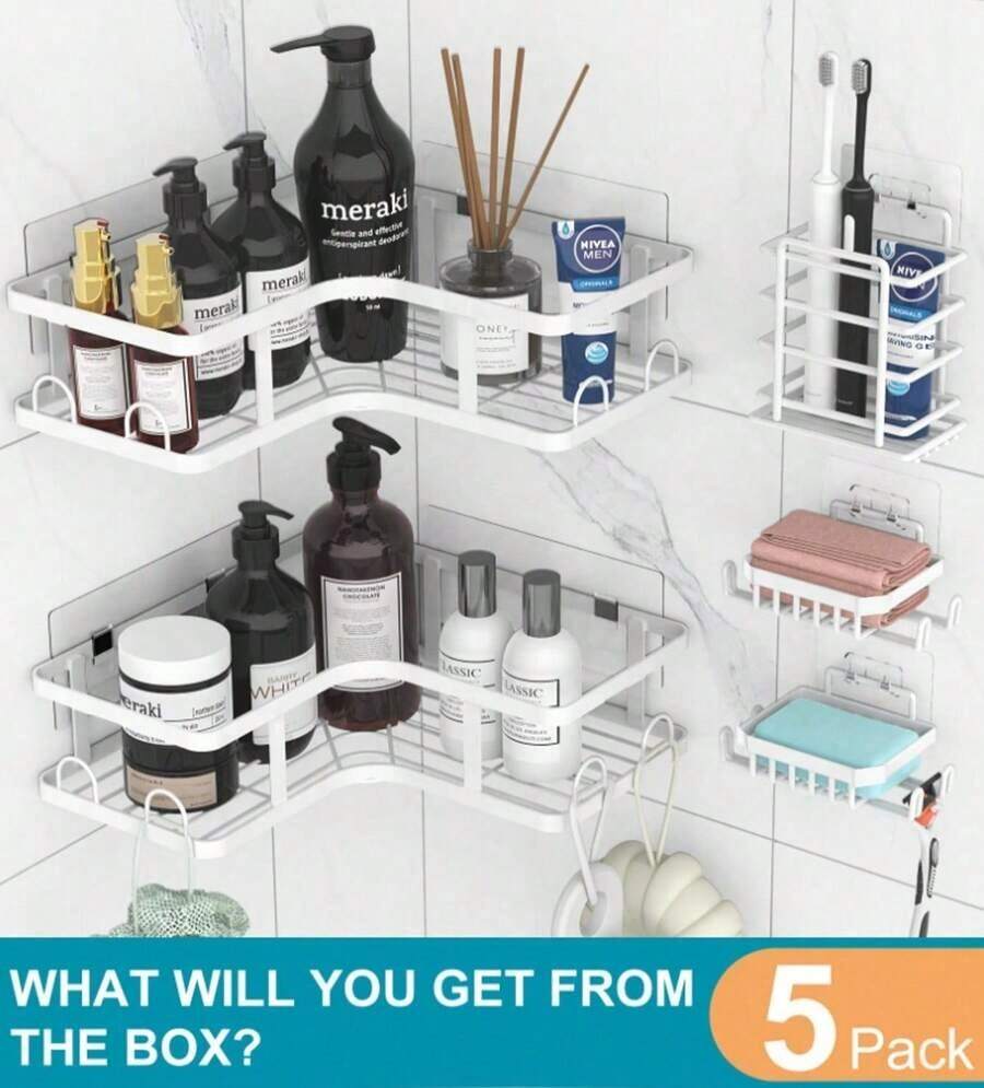 No-Drill Adhesive 5-Piece Corner Bathroom Shelf Set – Large Capacity, Space-Saving Storage Rack Available In Two Colors (Black/White), Includes A Soap Dish, Toothbrush Holder, And Hooks. Waterproof And Rustproof, Suitable For Kitchens, Dining Rooms, Parties, And Makes A Great Gift For Friends And Family, Christmas Decoration, Home Décor, Valentine's Day Gift, Family Gift, And Room Decor. - 白色 - 查看 1