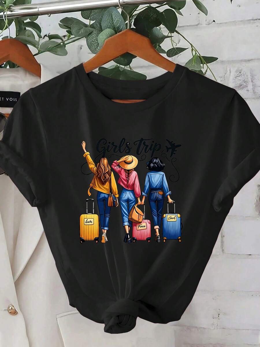 ¡Oferta por tiempo limitado, unidades limitadas,  relámpago! Camisas casuales para mujer, camisetas de poliéster para mujer, camisas elegantes.1 Camiseta de Manga Corta de Verano para Mujer - Dibujo Geométrico 2D de Tres con Maletas, Slogan "Trip" para Energía. Estilo Urbano de Moda |   Diseño Juvenil |   Ajuste Cómodo, Ropa Linda - Negro - Ver 1