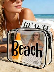 Large Capacity Zippered Travel Storage Bag - Waterproof Swimming Bag - Printed With Colorful "Beach" Letters Suitable For Toiletries, Travel Cosmetics And Diving Bag. With Zipper Closure. Perfect For Storing Passports, Fashion Glasses, Skincare Products And Other Travel Essentials. Beach Vacation Gift, Back To School Gift - Multicolor - View 5