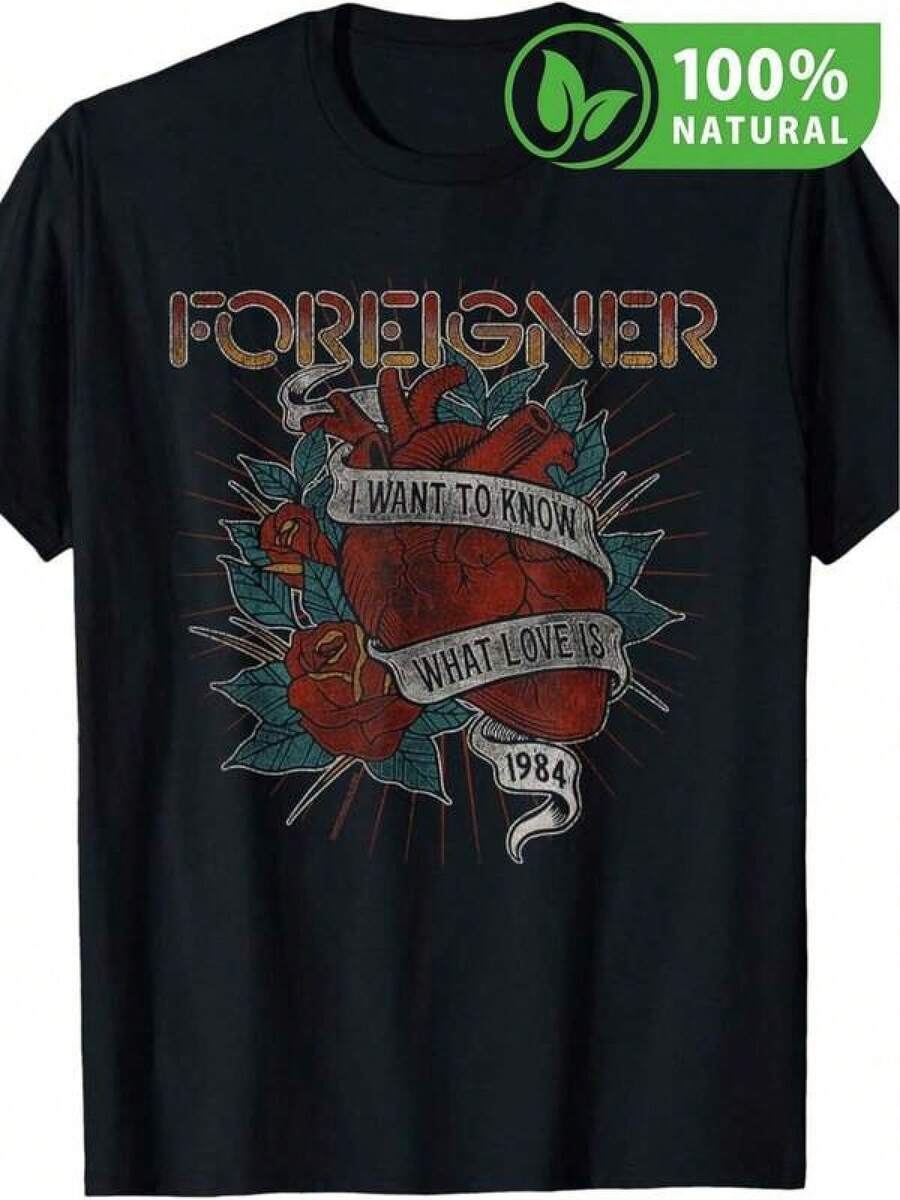 New 2026 Women's T-Shirts, Foreigner Black T-Shirt With Vintage Heart Design And The Text "I Want To Know What Love Is," Ideal For Fans Of 80s Rock, Retro Style, Comfortable And Unique For Men And Women, Perfect For Any Season, Dare To Be Part Of It With This Exclusive Design - 黑色 - 查看 1