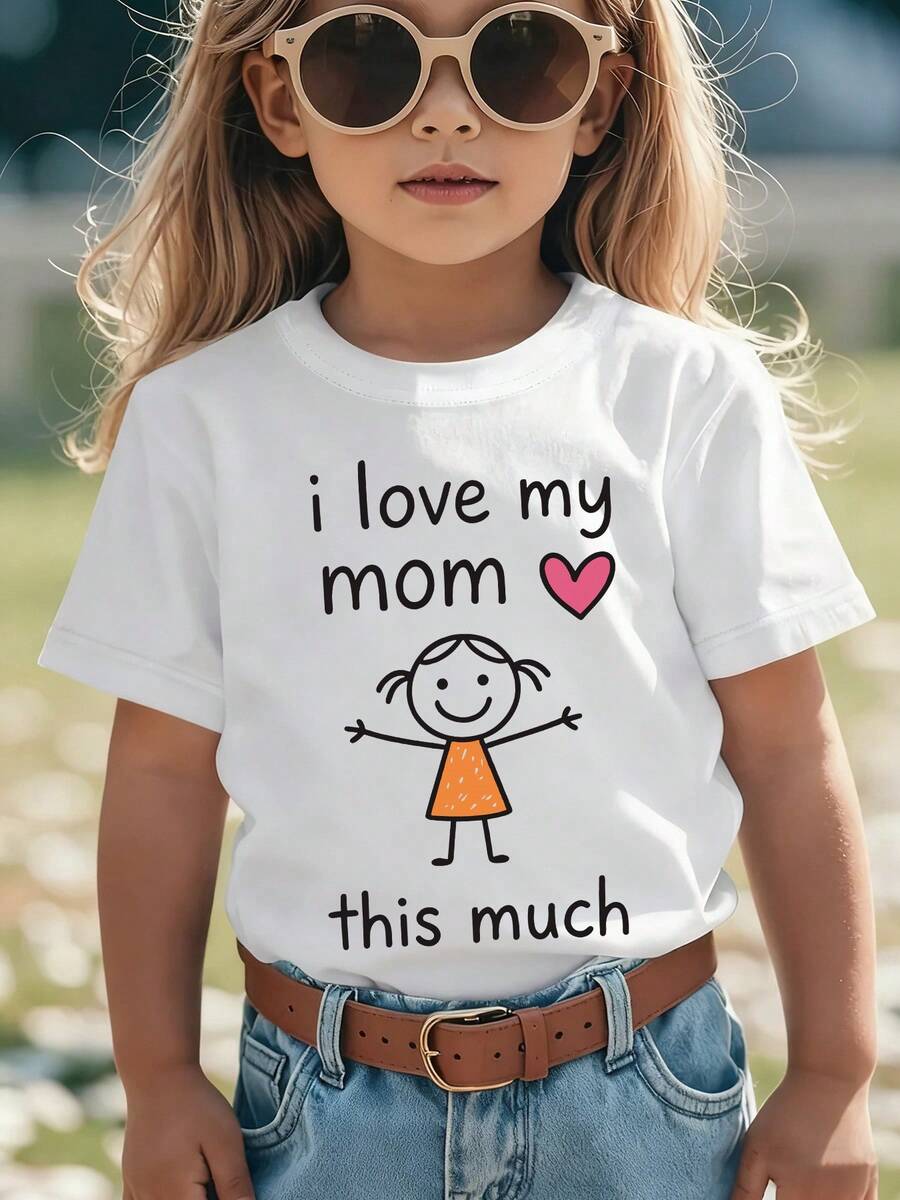 Camiseta de manga corta para niñas, moda de verano para el Día de la Madre, con la frase "I Love My Mom This Much" y estampado de dibujo animado de una niña abriendo sus brazos, estilo casual y versátil NY-DX9829 - Blanco - Ver 1