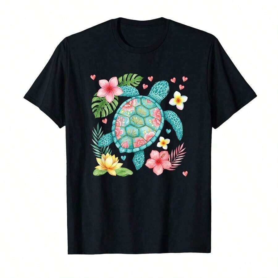 Camiseta con diseño de tortuga marina floral y flores hawaianas, arte estético para mujeres y niñas, transpirable y cómoda. - Negro - Ver 1