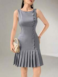 Vestido corto elegante de unicolor con dobladillo plisado y sin mangas - Azul - Ver 4