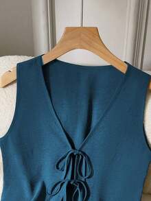 Set de 2 piezas de conjunto informal de mujer de unicolor con nudo, elegante para primavera/verano - Azul - Ver 5