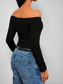 Blusa de manga larga ajustada con hombros descubiertos y acanalada, casual de primavera/verano  en color negro - Negro - Ver 3