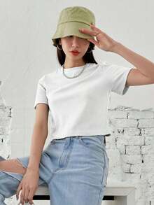 Camiseta de manga corta de unicolor para mujer para el verano, Cropped tops para mujeres - Blanco - Ver 5