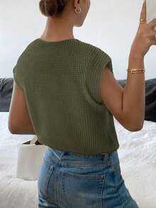 Camiseta casual de mujer de cuello redondo a rayas, de verano - Verde militar - Ver 2