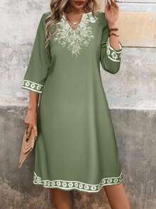Vestido maxi casual y sencillo con estampado floral en el cuello, puños y dobladillo para mujer - Verde Oliva - Ver 5