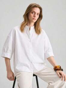 2026 Nueva Blusa de Mujer de Cuello Redondo, Abotonada, Manga 3/4, Silueta Ajustada en la Cintura, Longitud Corta, para Uso Diario, Casual y de Oficina, Versátil y Combinable, Color Blanco, de Alta Calidad, Adecuada para Aeropuerto/Crucero, Apta par - Blanco - Ver 5