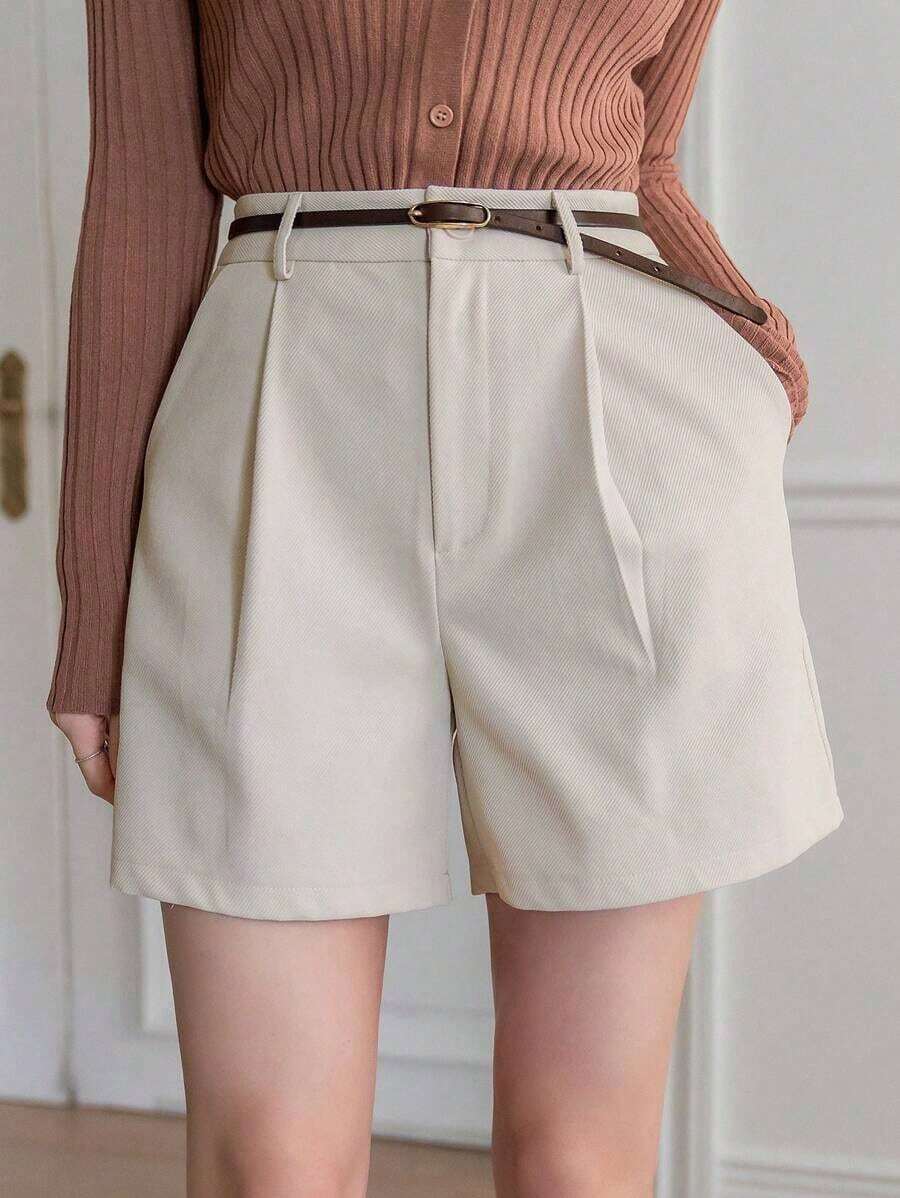 Pantalones cortos de mujer de cintura alta con bolsillos y plisados, de unicolor, para el verano - Beis - Ver 1