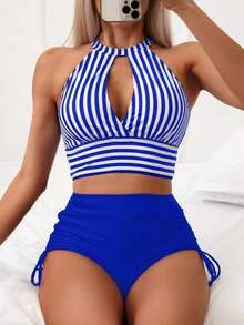 Bañador bikini de rayas con abertura con cordón lateral - Azul y blanco - Ver 7