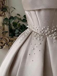 Vestido elegante, lujoso y noble de estilo palaciego con hombros abiertos, escote corazón sin tirantes, silueta de sirena, decoración de perlas falsas y bajo acampanado, adecuado para despedida de soltera, boda, graduación, vacaciones y fiesta de - Púrpura polvoriento - Ver 4