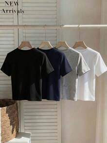 Set de 4 camisetas cortas de manga corta, cuello redondo, ajustadas y con bordados de unicolor para mujer, aptas para uso diario - Multicolor - Ver 2