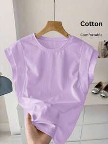 Camiseta de algodón casual de cuello redondo de doble capa con hombros anchos y sin mangas para mujeres, adecuada para uso casual diario, blanco para verano, parte superior de trabajo para verano - Púrpura malva - Ver 1