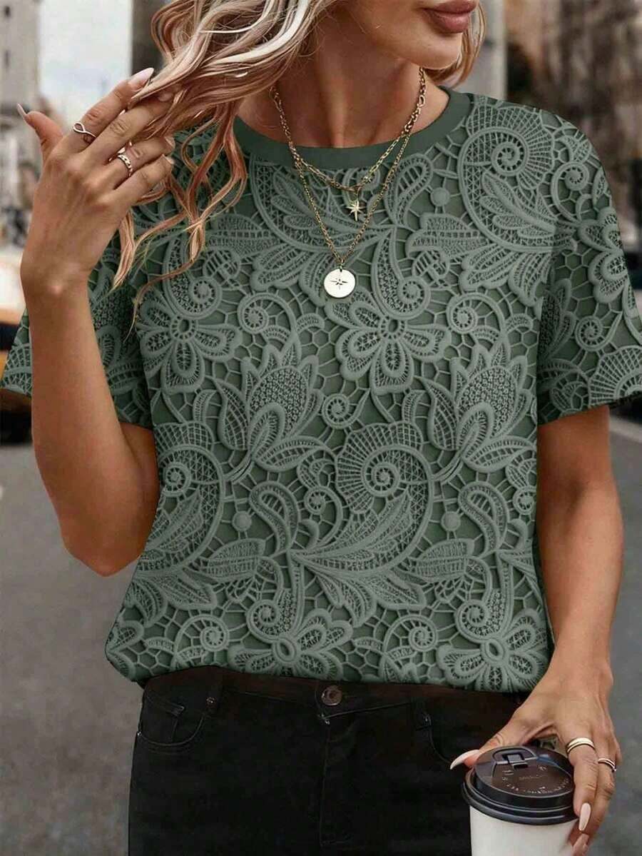 Camiseta de mujer de manga corta con cuello redondo y estampado floral, cómoda y casual para uso diario - Verde militar - Ver 1