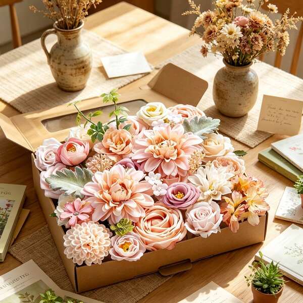 [Neues rosa künstliches Blumen Geschenkbox Set] DIY Blumen Material/Brautstrauß/Tischdekoration, geeignet für Hochzeiten, Valentinstag, Muttertag, Thanksgiving, Partydekoration, innen & außen, wartungsfreie Blumendekoration [DIY Set, leichte Unterschiede zwischen Bild und tatsächlichem Produkt, bitte beziehen Sie sich auf den tatsächlichen Artikel]