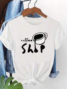 Camiseta Ligero para mujer, estampado creativo de café, camiseta blanca de manga corta con cuello redondo y estampado - Lavable a máquina, estilo casual, ajuste cómodo, diseño moderno, versátil para uso diario, tela suave, estilo Verano. - Blanco - Ver 6
