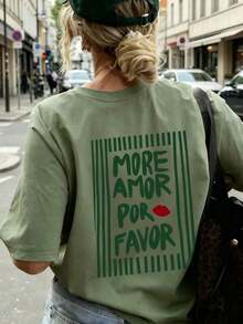 1 Women's Summer T-Shirt, Loose Fit, Round Neck, Short Sleeve, Striped Print With The Phrase "MORE LOVE PLEASE", Suitable For Parties, Holidays, Office, Daily Wear, Dates, Meetings, Streetwear, A Casual Summer Basic. - 綠草 - 查看 2