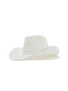1pc Solid Color Casual Hollow-Out Decor UV Protection Woven Panama Hat, Versatile Western Cowboy Sun Hat, Suitable For All Seasons, For Women - Panama Straw Hat - View 3