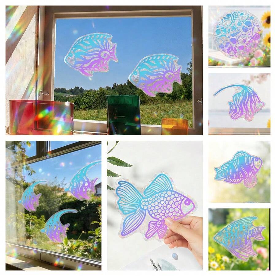 1/7pcs Stiker Jendela Penangkap Sinar Matahari Laut, Stiker Pencegah Tabrakan Burung Holografik Pembuat Pelangi Tempel Statis yang Dapat Digunakan Kembali untuk Dekorasi Pintu Geser Kaca Ruang Tamu dan Kamar Tidur, Hadiah