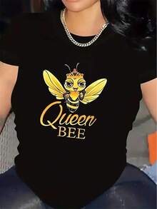 Women's Retro Vintage Style Queen Bee Print Short Sleeve T-Shirt, Polyester Fabric, Casual Wear For Home Or Restaurant, Lightweight And Durable Design, Stylish Graphic T-Shirt In Various Colors. - 黑色 - 查看 12