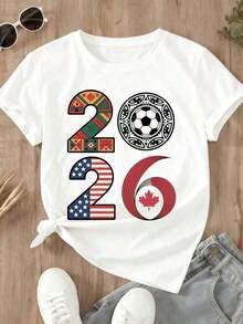 Women's Casual Summer T-Shirt, White Graphic Tee For Young Women With 2026 World Cup Design, Featuring A Soccer Ball Pattern And The Flags Of Mexico, The USA, And Canada, For Soccer Fan Events - 白色 - 查看 3