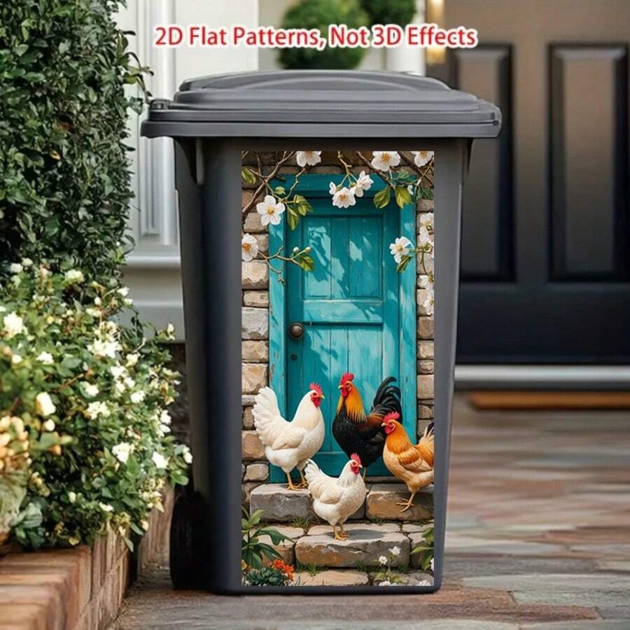 1pc Garbage Can Sticker, Chickens Playing Theme Design, Matte Surface Sticker Suitable For Indoor And Outdoor Decoration On Trash Cans, Walls, Perfect For Modern Home Decor, 37*82cm/14.57*32.28in - Style 1 - View 1