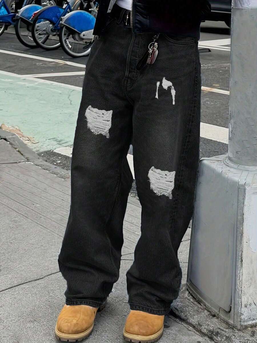 男士秋冬新款時尚街頭風淺黑色寬鬆牛仔褲,休閒百搭丹寧長褲 - 黑色 - 查看 1