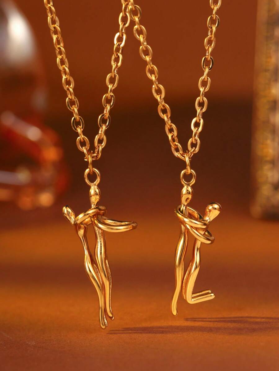 2pcs/Set Kalung Liontin Pasangan Berpelukan dari Baja Tahan Karat, Perhiasan Hati Kekasih yang Serbaguna - Set CYN121-1 - View 1
