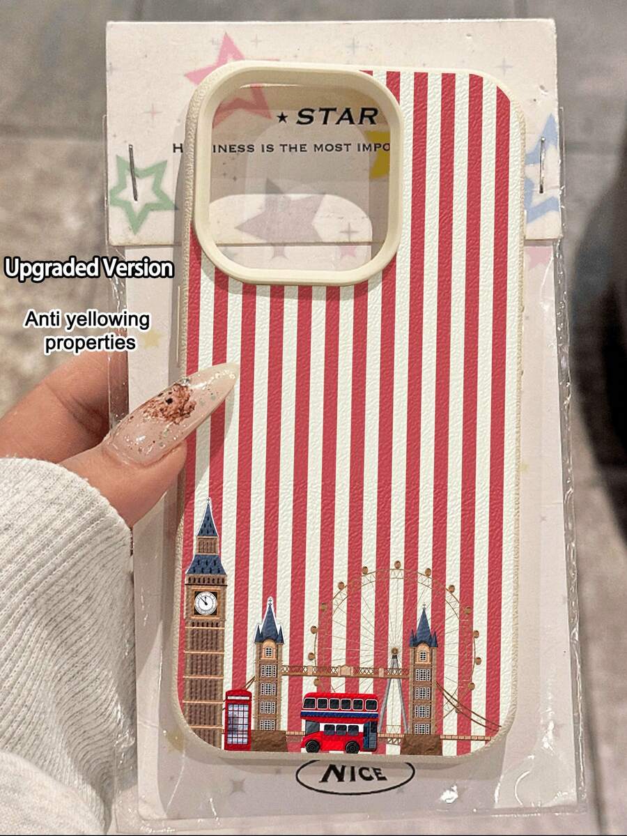 1件装 时尚个性化旅行条纹伦敦眼建筑图案荔枝纹理防摔防滑软手机壳保护套 兼容苹果手机 - 彩色 - 查看 1