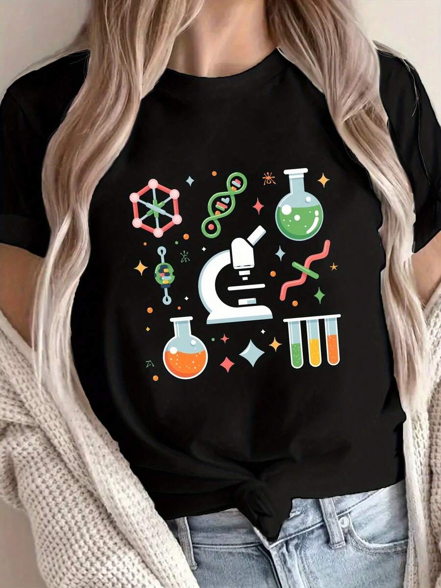 2026Camiseta Gráfica de Laboratorio Científico para Mujer - Estampado de ADN, Microscopio y Matraz en Gris Oscuro Top Casual con Cuello Redondo Suave para Biología, Química y Profesionales Ropa STEM Cotidiana2026 - Negro - Ver 1